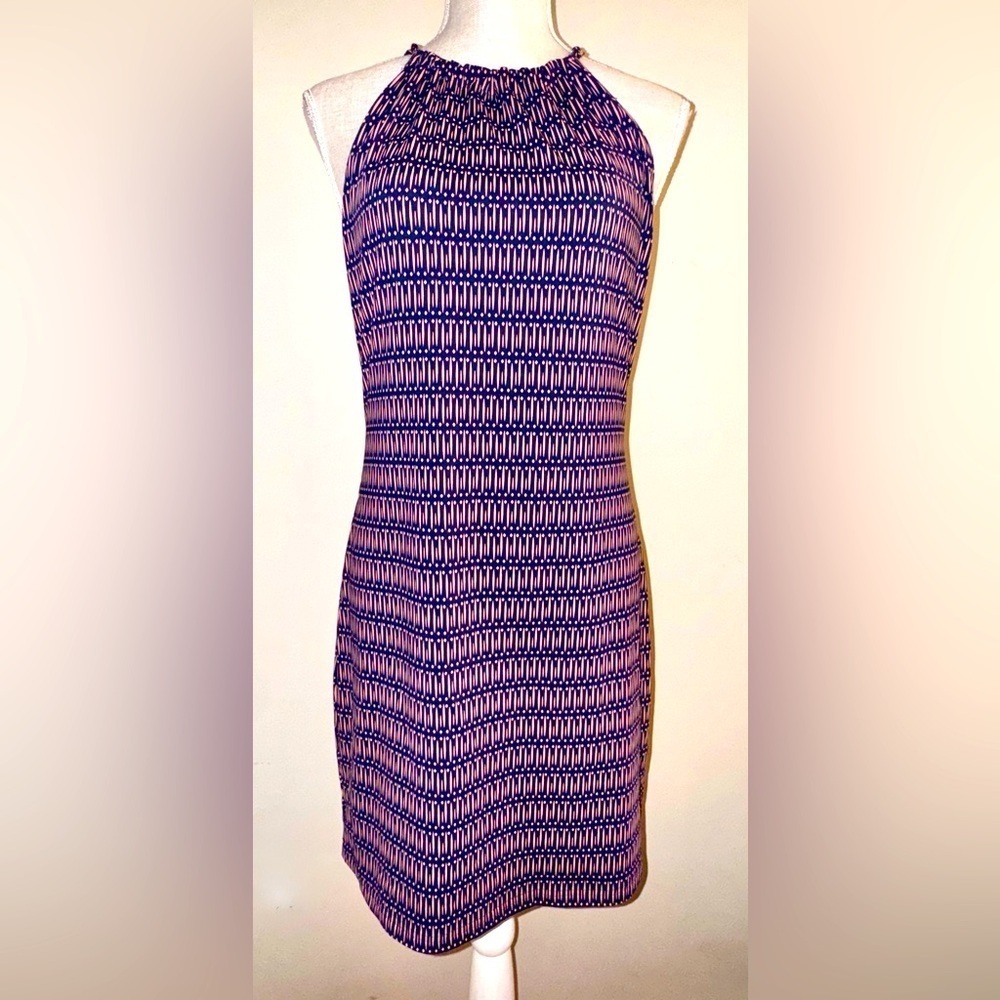 Ellie Kai Blue/coral Geometric Print Halter Tie Sleeveless dress size 4 EUC